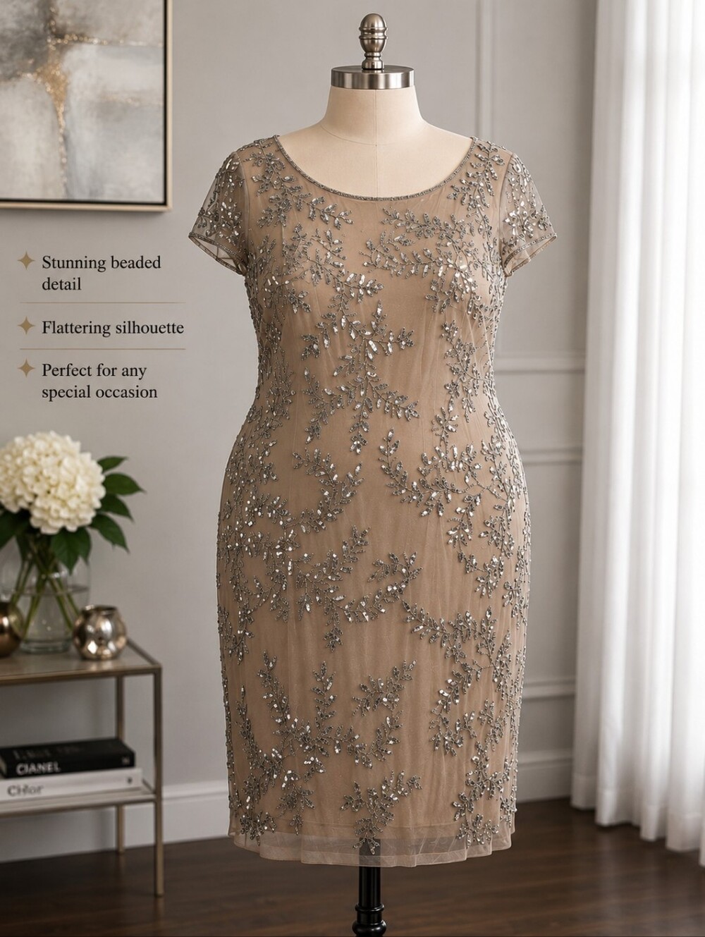 Adrianna Papell Taupe Beaded Sheath Dress with Silver Embellishment